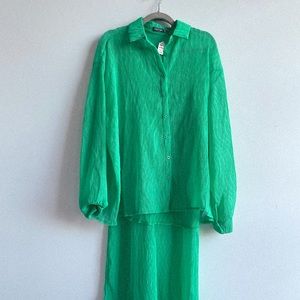 Nasty Gal Top and Bottom Green Crinkle Set